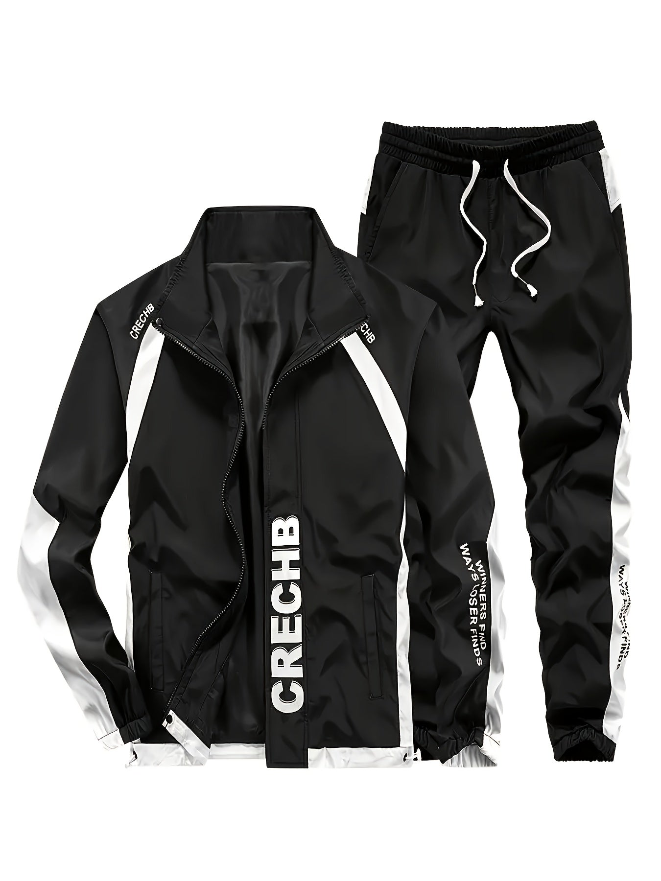 2025 New Casual Sports Set Men'S Spring and Autumn New Trendy Print Jacket, 100% Polyester, Soft Fabric Machine Washable, Casual Sports Loose Running Suit 2pcs Set, For Teenager