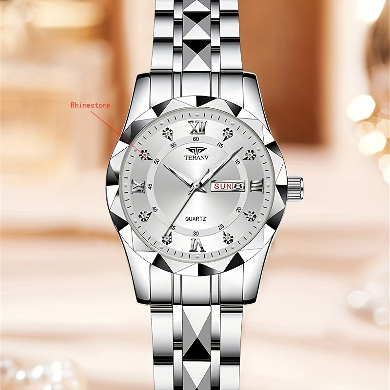 1pc Women's Stainless Steel Watch with Luminous Blue Dial, Date & Day Display, High Quality IPX7, Quartz Movement - Casual Elegant Design for Sports & Travel, Birthday Holiday Gift, Casual Attire, Secure Clasp Wristwatch