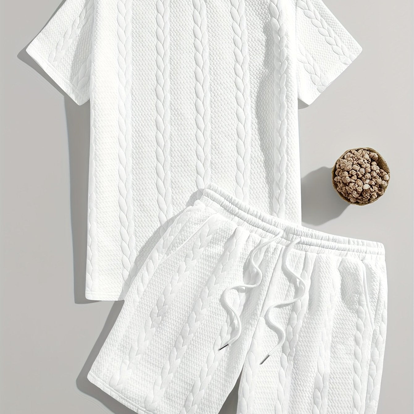 Men'S Casual Short Sleeve T-Shirt and Shorts Set - Knit, Light Gray, Two-Piece, All-Season Comfort, Drawstring Waist, Casual Style, Allseason Comfortwear | Casual Style Set | Knit Texture, Thick