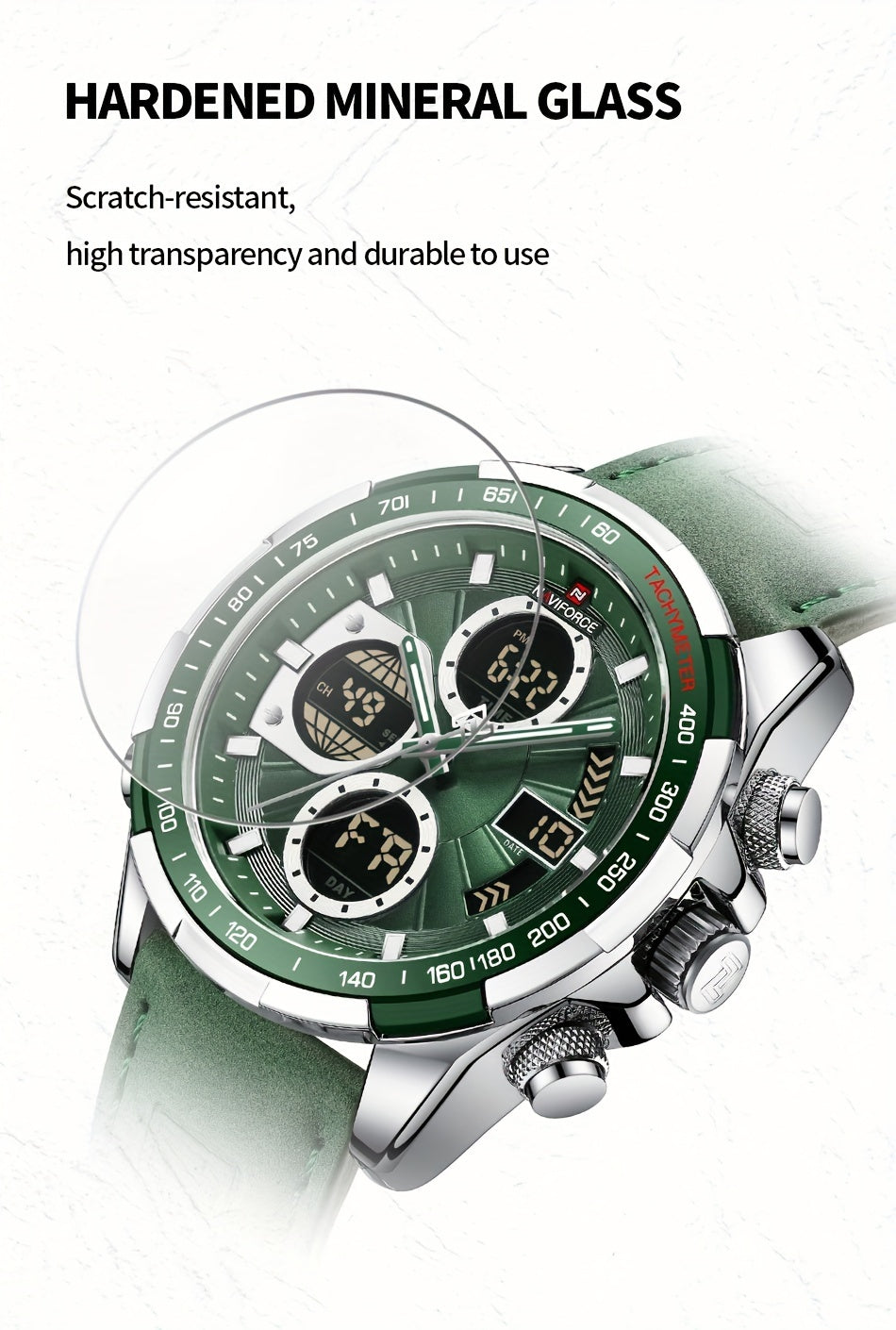 NAVIFORCE Men's Luxury Sports Quartz Watch - Waterproof, Genuine Leather Strap, Dual Display with Date & Chronograph Functions, Case, Green Accents, Luxury Timepiece|Tachymeter Equipped|Genuine Leather Band Valentine's Day