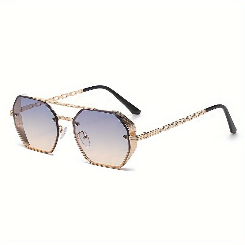 1pc Stylish Polygonal Golden Frame Fashion Glasses with Chain Link Design - Black Metal Fashion Glasses for Fashion-Forward Look