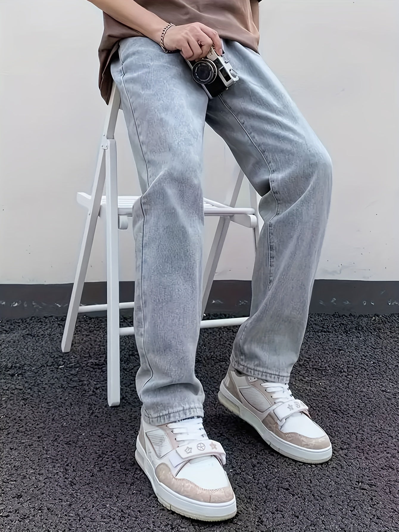 Men'S Loose-Fit Jeans, Cotton Blend Street Style Denim Pants, Non-Stretch Solid Color, Regular Length, with Multiple Pockets for All-Season Wear