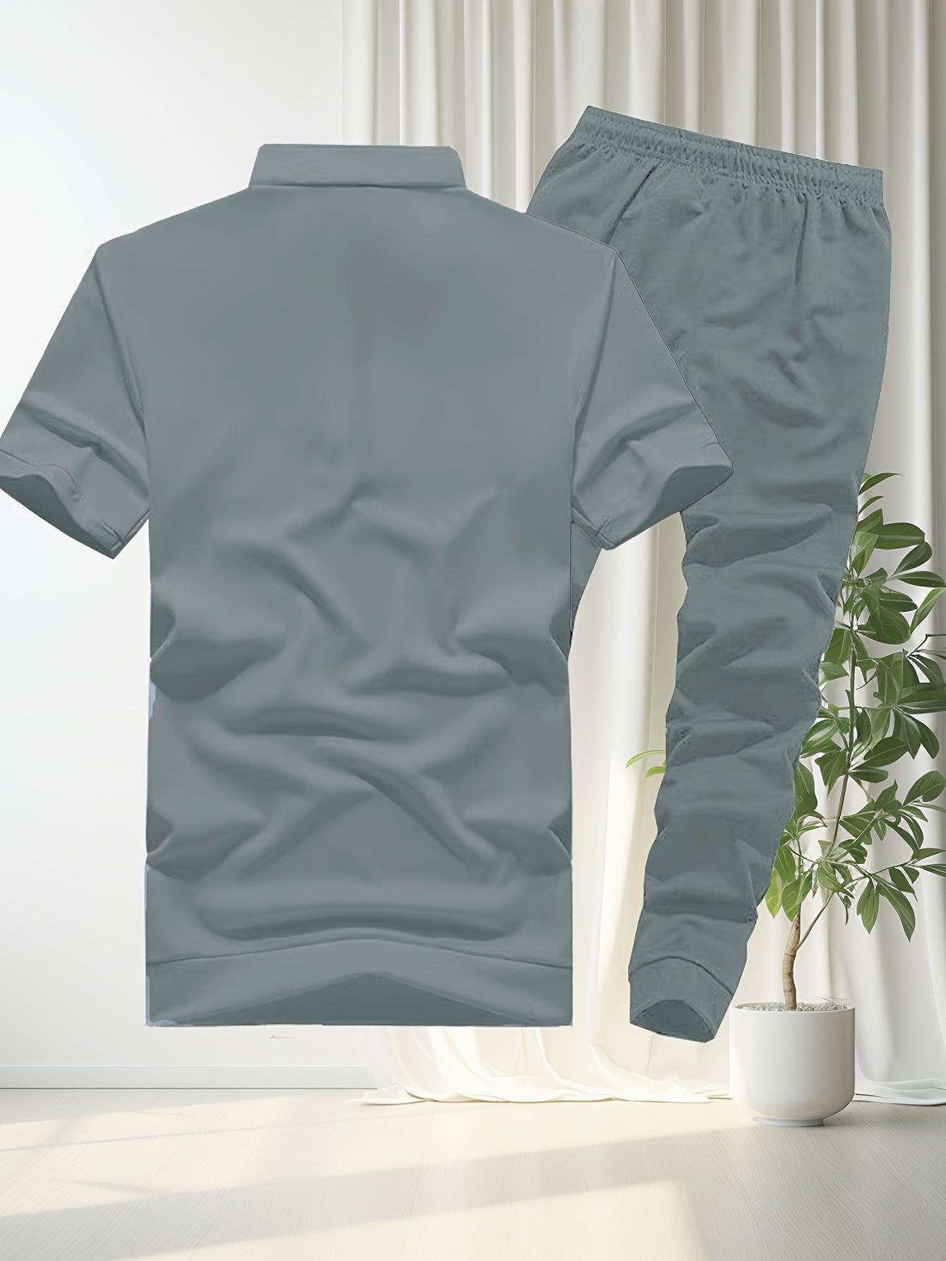 Men'S Casual Summer Two-Piece Set - Loose Fit Short Sleeve Zipper Polo Shirt & Joggers with Side Stripes, Polyester, Ideal for Hot Weather, Summer Casual Wear|Striped Pattern|Polyester Fabric