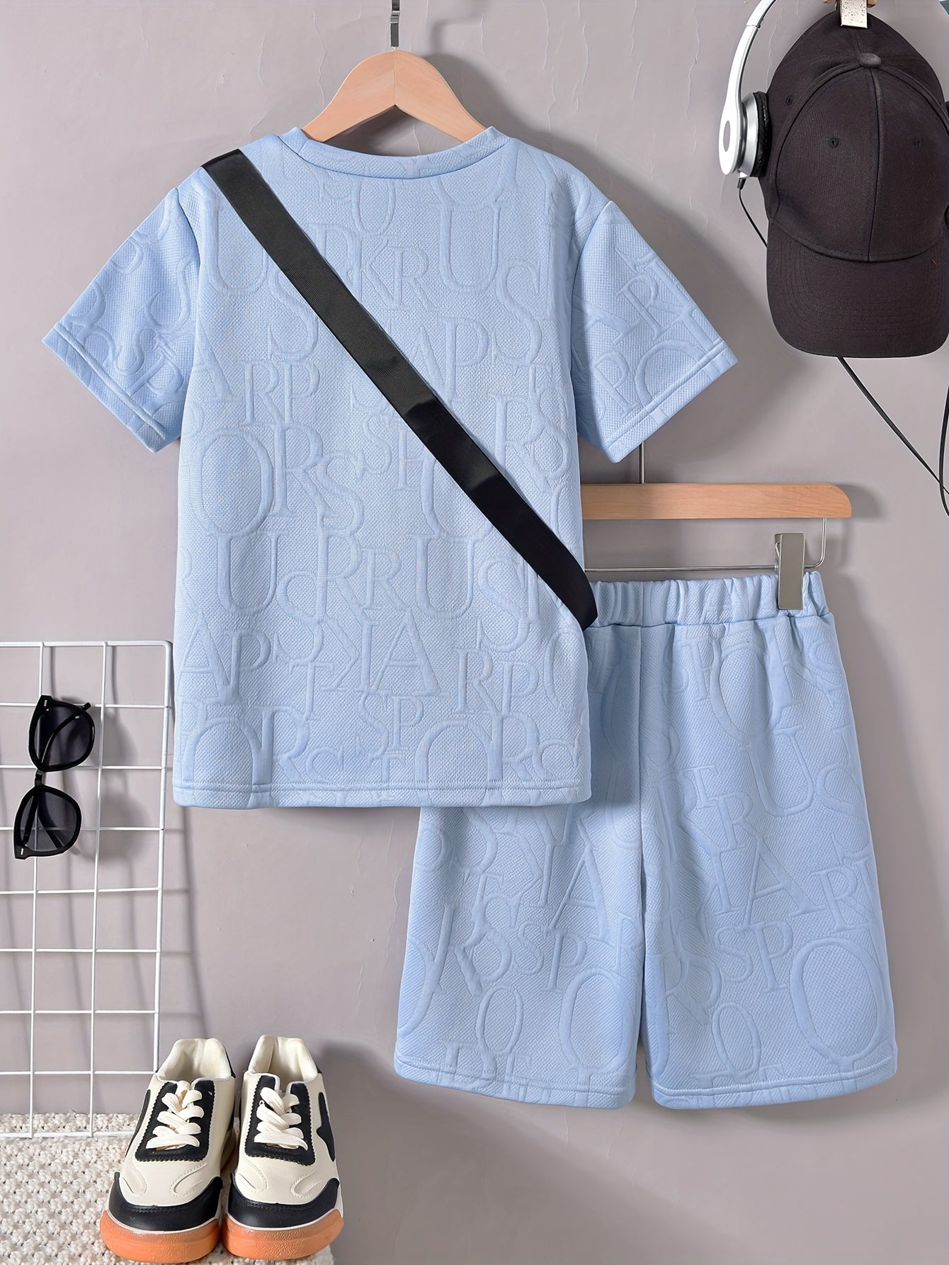Boys' Stylish White Short Sleeve T-Shirt + Casual Shorts + Fashion Crossbody Bag Set, Perfect for Outdoor