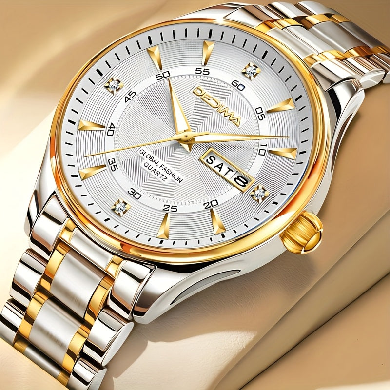 Stainless Steel Men's Quartz Watch with Luminous Hands, Dual Calendar, Date Display & High Quality IPX7 - Golden-Tone Dial, Accents for Business, Casual, Travel - Ideal Birthday Holiday Gift, Business Casual Watch | Sleek Met