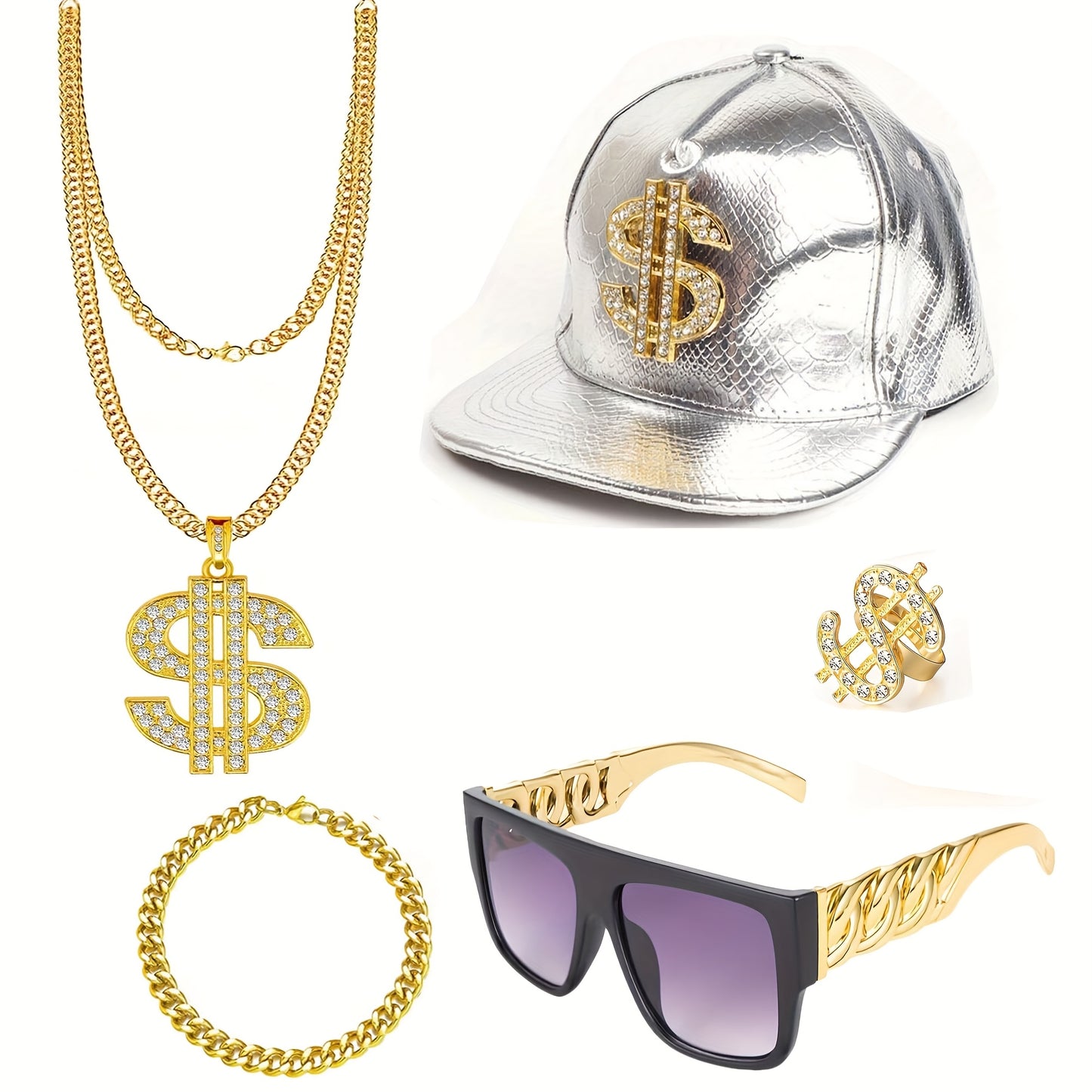 5pcs Hip Hop Costume Kit 80s 90s Rapper Accessories Set Golden Rapper Hat Baseball Cap Punk Fashion Glasses Golden Dollar Sign Pendant Necklace Ring Bracelet for Men Women Carnivals, throwback party Outfit Halloween Jewelry f