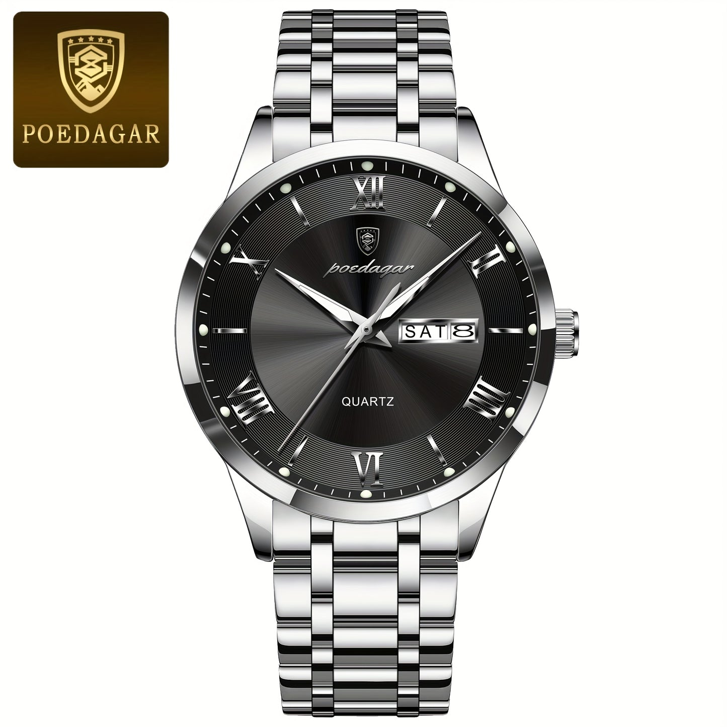 POEDAGAR Men'S Quartz Watch, Sports Style, Waterproof 3ATM, Luminous Calendar, Stainless Steel Strap, Pointer Display, Alloy Case, Electronic Drive, Non-Rechargeable Button Battery, with Spring Festival and Football Holiday T