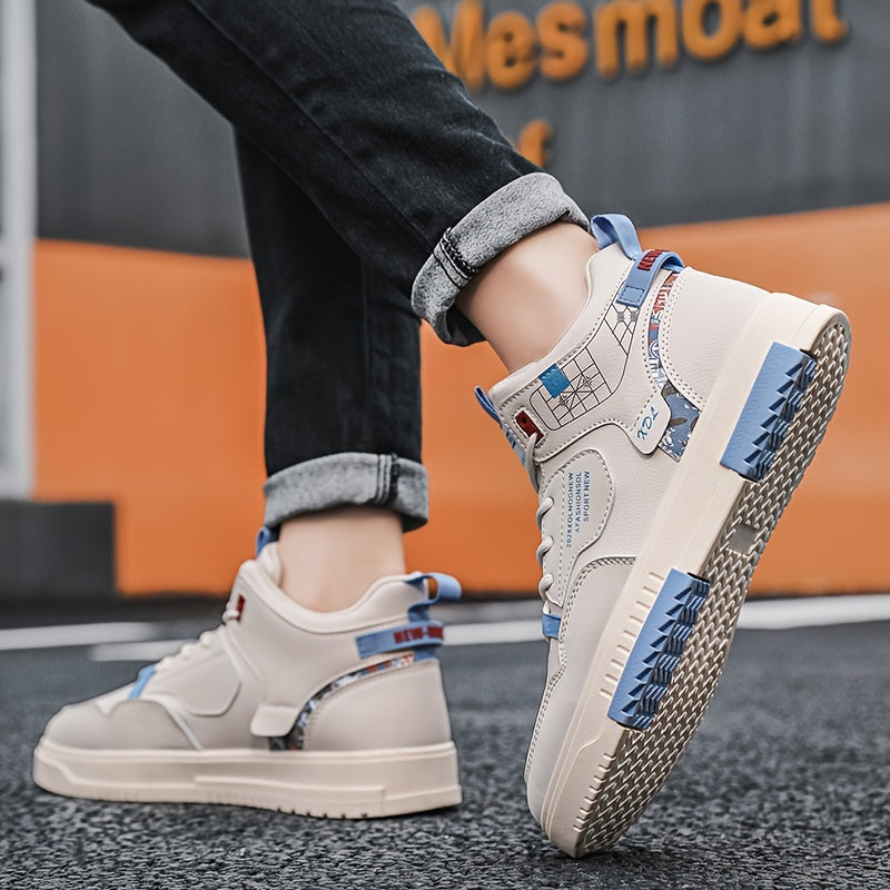 Men's Skate Shoes with Good Grip & Breathable Design - PU Upper, Cushioned PVC Sole, Black/Blue Letter Pattern Lace-Up Sneakers for All-Season Casual & Sports Wear, Allseason Shoes | Modern Casual Shoes | Comfortable Wear