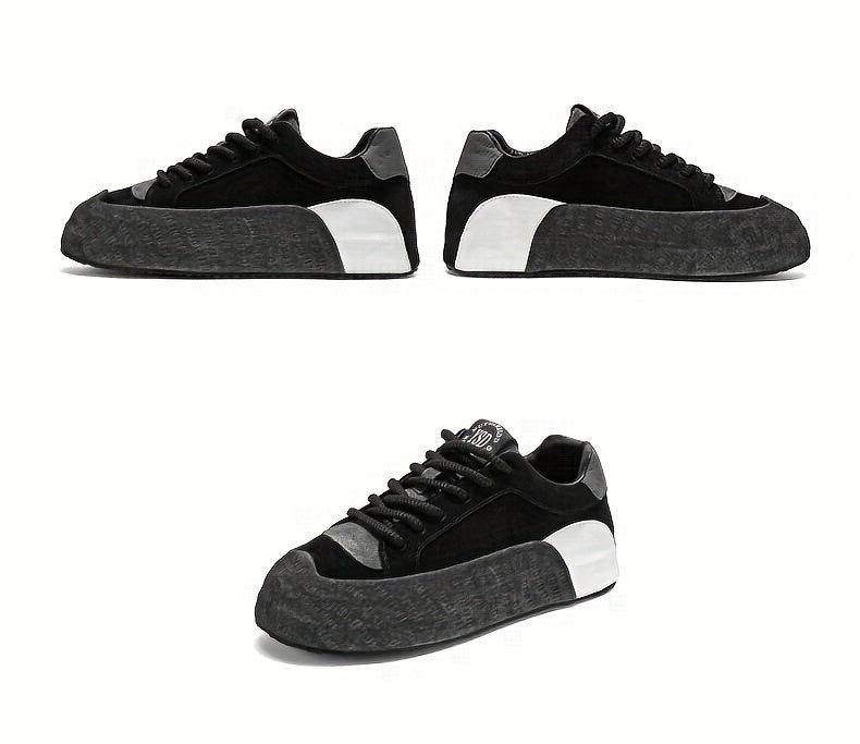 Men's Lightweight Breathable Casual Sneakers - Thick Cushioned Sole, Lace-Up Low-Top Design, Durable PU & PVC Construction for All-Season Outdoor, Gym, Running & Daily Wear - Black, Outdoor Walking Shoes, Chunky Sole, Comfort