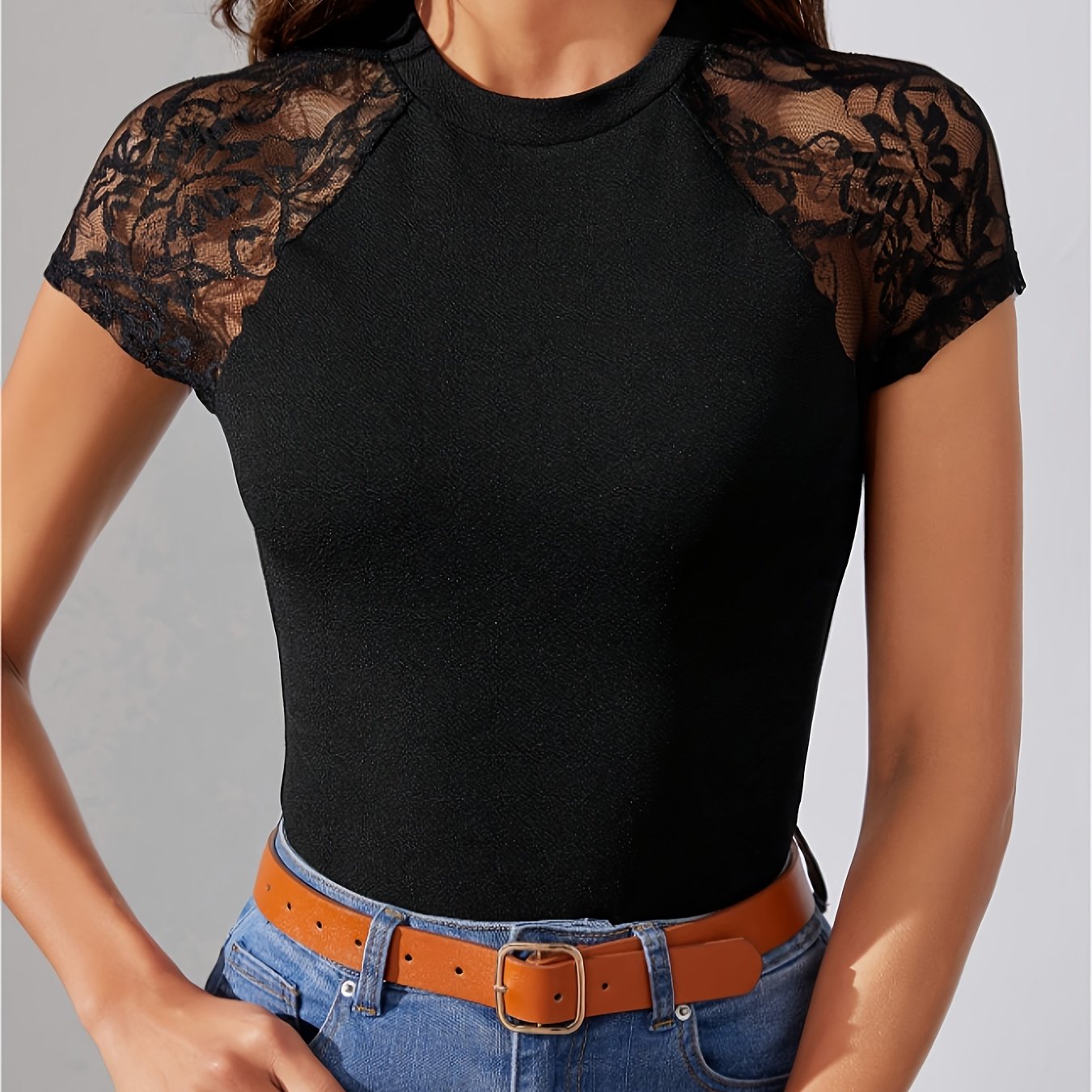 Women's High Waist Slim Fit T-Shirt - Black with Lace Contrast Raglan Sleeves, Stretch Polyester Blend, Breathable & Machine Washable, Elegant Casual Daily Wear Top, Versatile Clothing, Stylish Blouse, Soft Texture, Fitted Bl