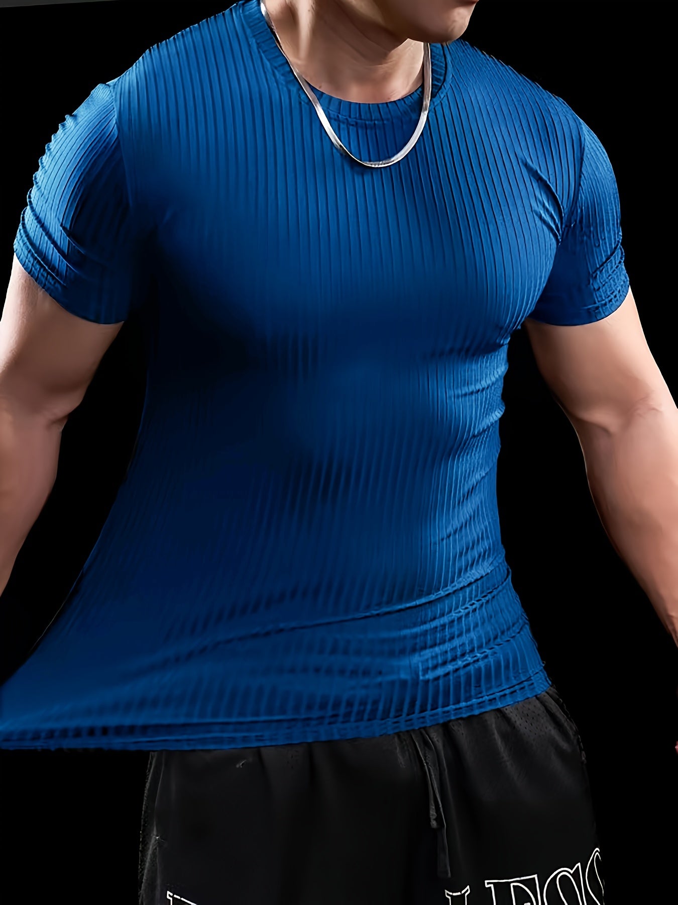 Men's Stretch Fit Short Sleeve T-Shirt - Breathable, Comfortable Polyester Blend, Solid Blue, Crew Neck, Casual & Sporty Style for Spring/Summer