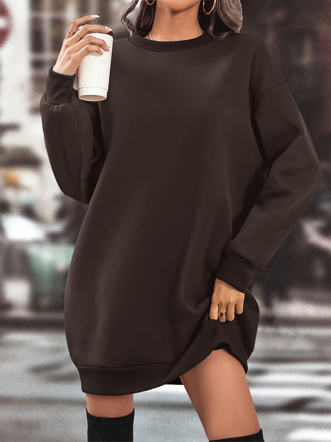 Elegant Women'S Fleece-Lined Sweatshirt Dress - Polyester Knit Fabric, Solid Color, Crew Neck, All-Season Loose Long Sleeve Casual Wear