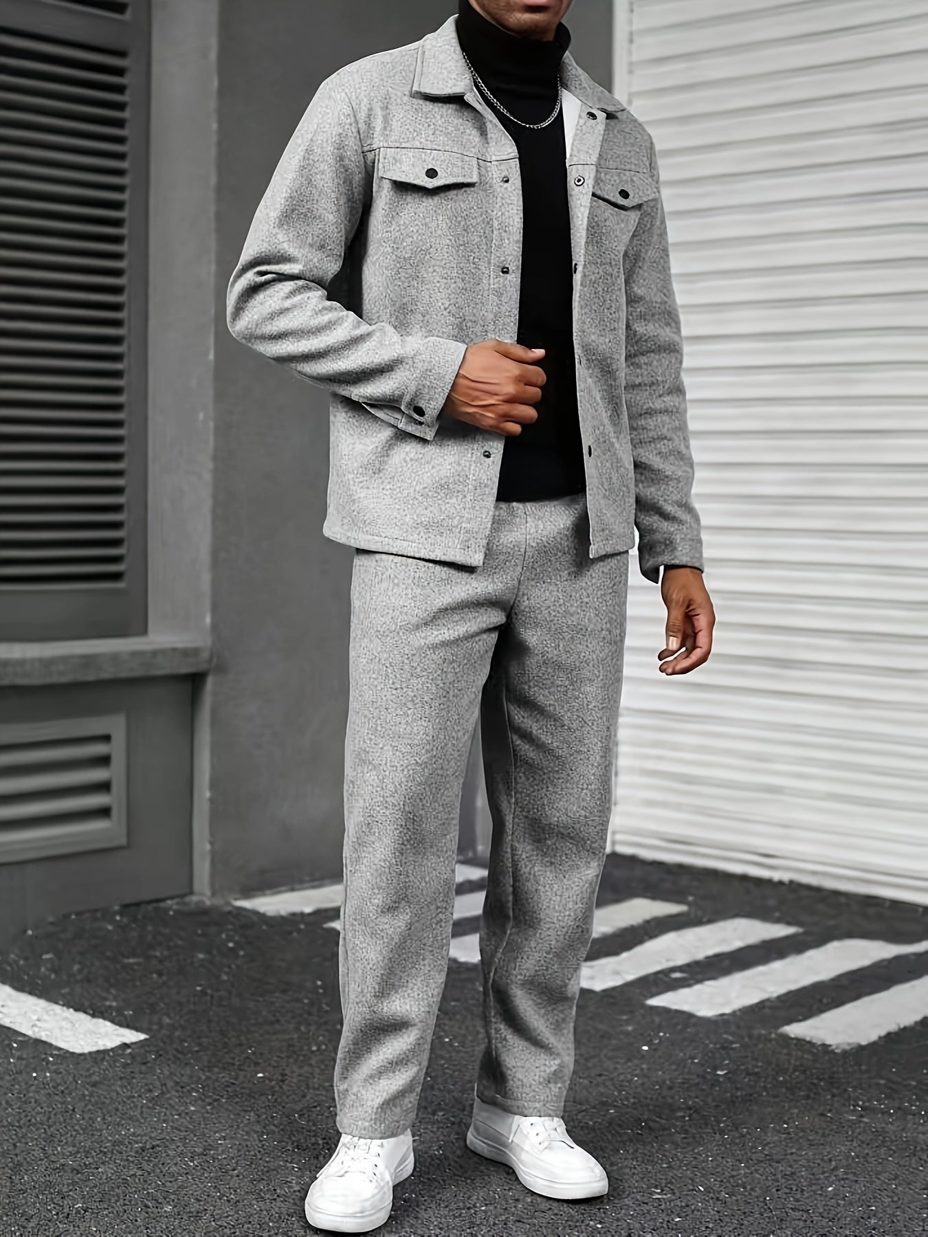 Men'S Two-Piece Casual Outfit - Black Button-Up Shirt & Pants, Long Sleeve, Loose Fit, Non-Stretch Fabric, Perfect for Spring/Fall, Casual Attire|Relaxed Fit|Buttonup Shirt