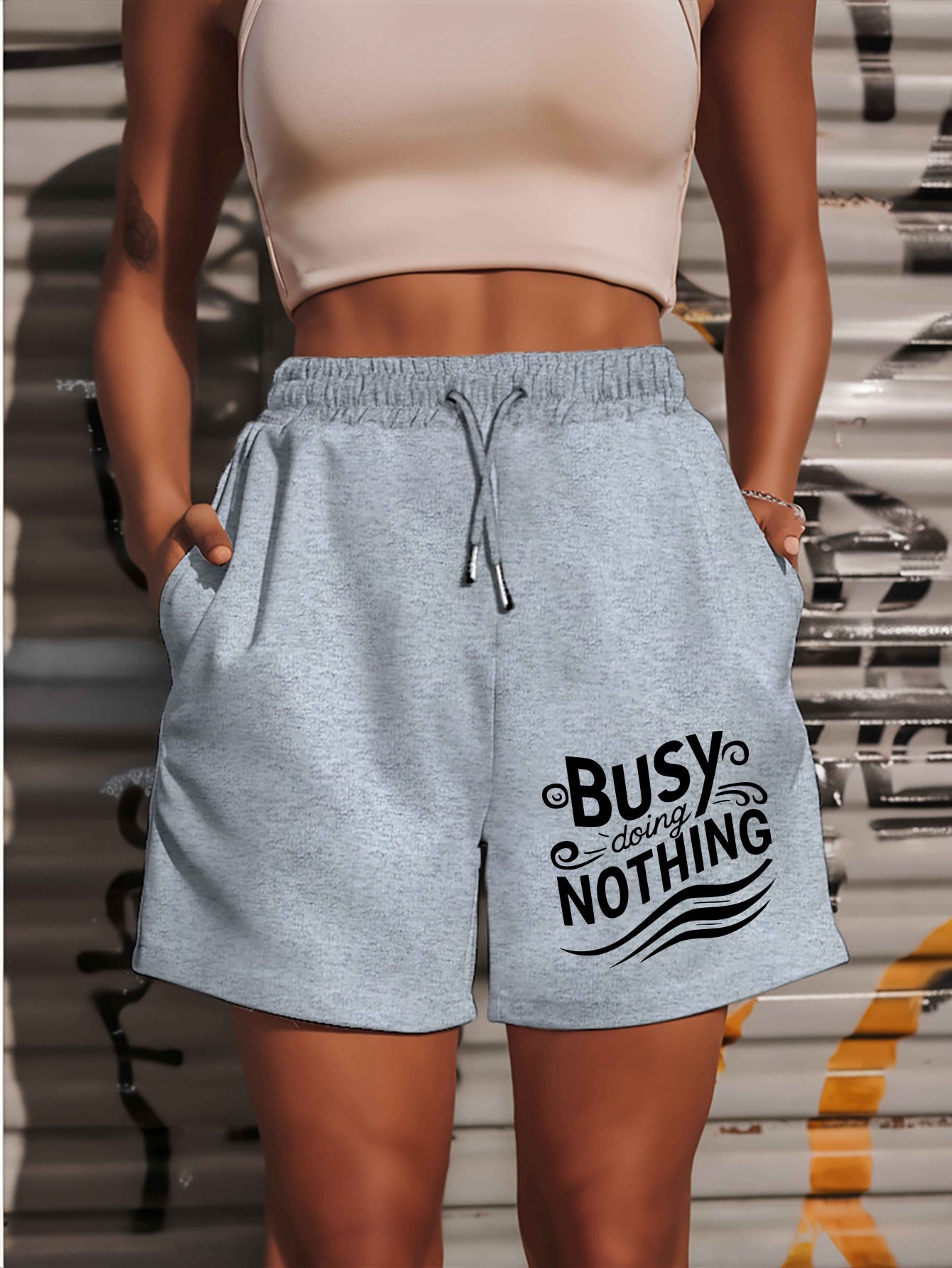 Busy doing nothing 2025 New Plus Size Women'S Shorts Summer Casual Versatile Medium Pants Sports American Trendy Outerwear Extra Large Five-Fifth Pants Summer Beach Pants - Polyester, Casual, Summer, Track Shorts, Slight Stre