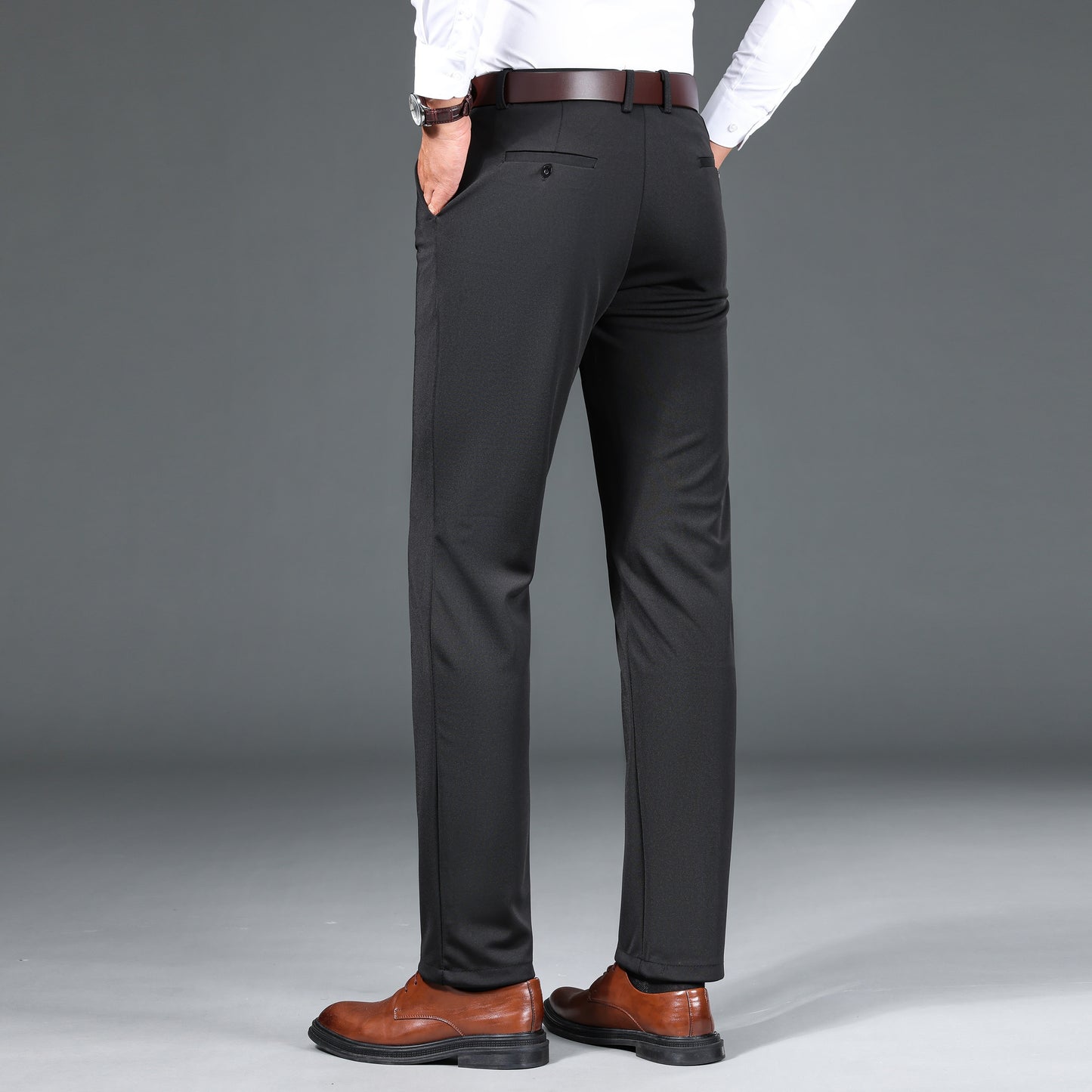 1pc Men'S Warmth Business Casual Pants, Fall/Winter Fleece-Lined Thickened Straight-Leg Trousers with Slant Pockets, Solid Color Knit Fabric Regular Fit Dress Pants with Zipper Closure, Medium Stretch Polyester