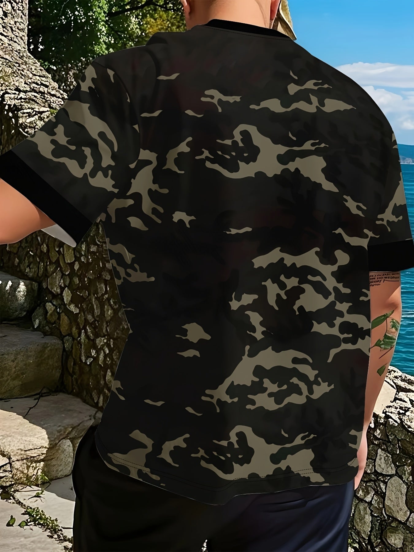 Men'S Camo Print T-Shirt - Short Sleeve, Regular Fit, Casual Style with Skull & Floral Design, Black with Brown/Beige Camouflage Pattern, Perfect for Casual Attire, Everyday Tshirt | Camo Print Tee | Stretchable Fabric