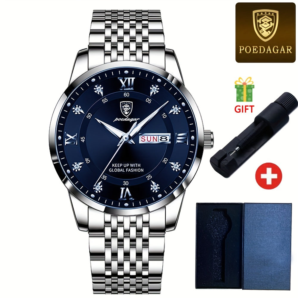 POEDAGAR Classic Men'S Stainless Steel Quartz Watch, IPX8 Luminous Weekly Calendar Watch for Men, Perfect Gift Option, Suitable for Women