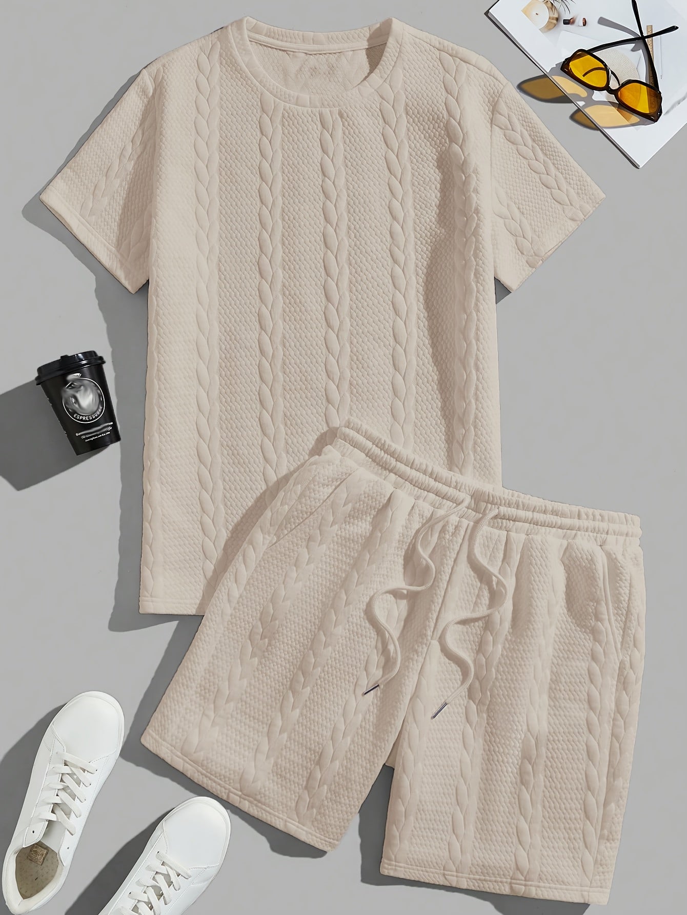 Men'S Casual Short Sleeve T-Shirt and Shorts Set - Knit, Light Gray, Two-Piece, All-Season Comfort, Drawstring Waist, Casual Style, Allseason Comfortwear | Casual Style Set | Knit Texture, Thick