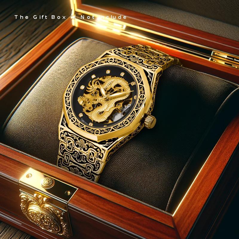 1pc Youth Men's Yellow Steel Strap Business Style Elegant Glow-in-the-Dark Carved Dragon Mechanical Watch