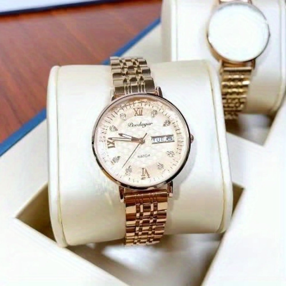 1pc POEDAGAR Elegant Women'S Quartz Watch - Luxurious Rose Golden-Tone with Luminous Hands, Calendar Display, Alloy Case & Band, Quartz Movement, Fashion Accessory|Elegant Timepiece|Rose Golden Finish, Watch Accessories