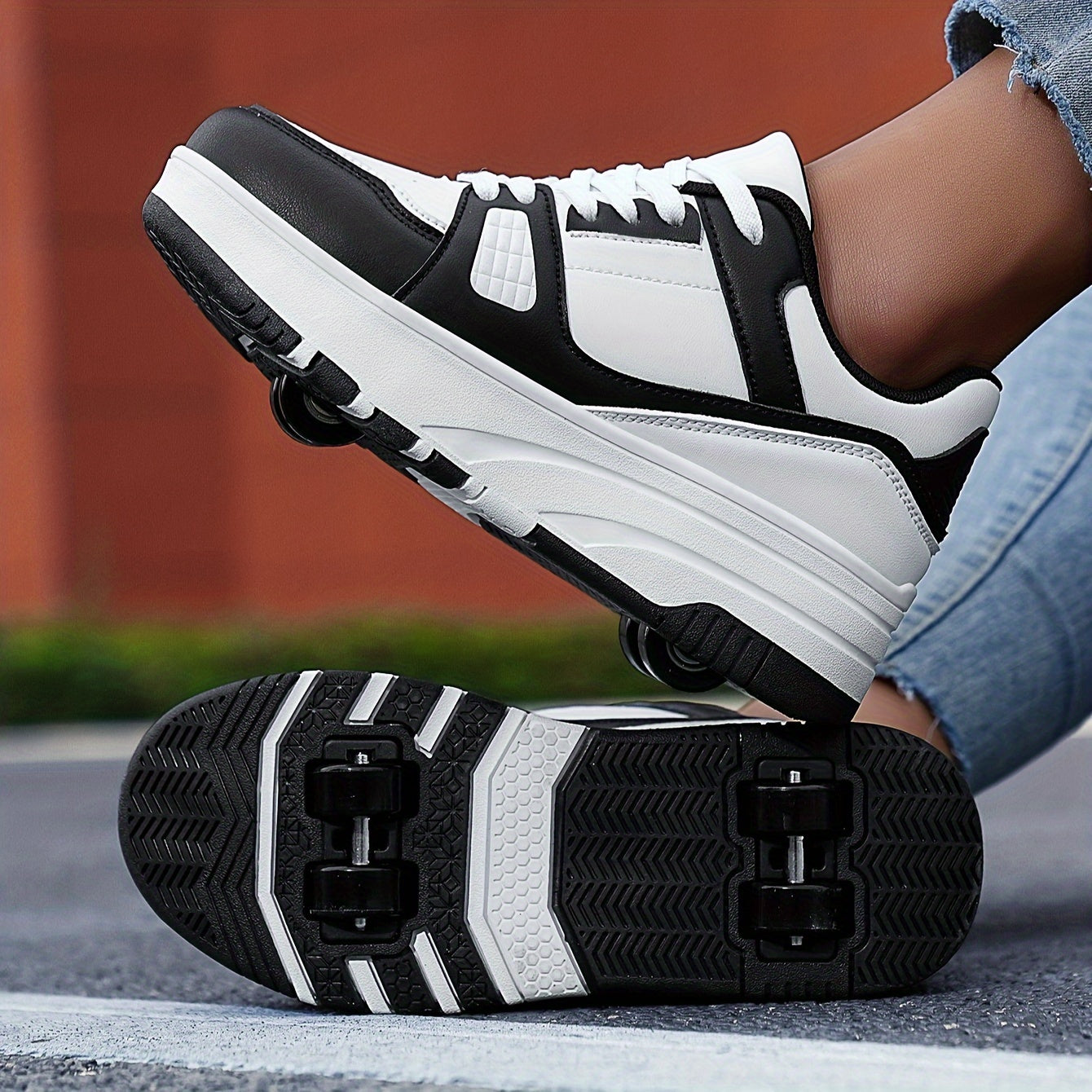Boys' Fashion Roller Skate Footwear - Non-Slip Dual Wheel, Lace-Up with Durable Buckle Straps, Black & White, Suitable for All Seasons