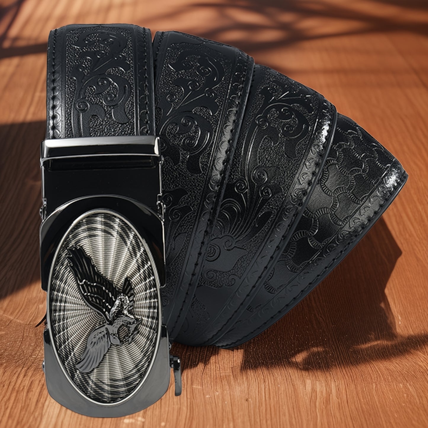 Men's Black Leather Belt with Automatic Buckle - Embossed Eagle Design Business Casual Belt for Office & Formal Occasions, Durable Gift for Father's Day & Business Partners, Sophisticated Detailing