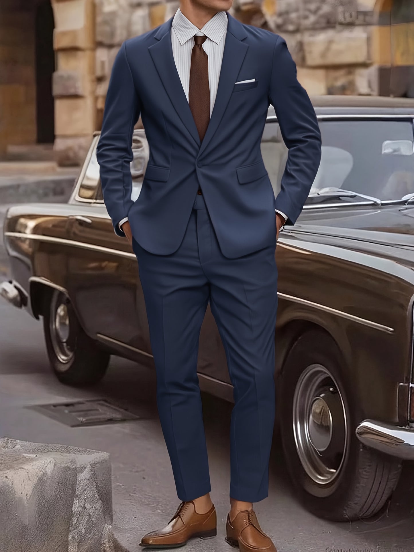 2pcs Men's Elegant Business Casual Suit Set - Includes Classic Lapel Blazer & Dress Pants, Polyester/Rayon Blend, with Pockets - Perfect for Weddings & Formal Occasions