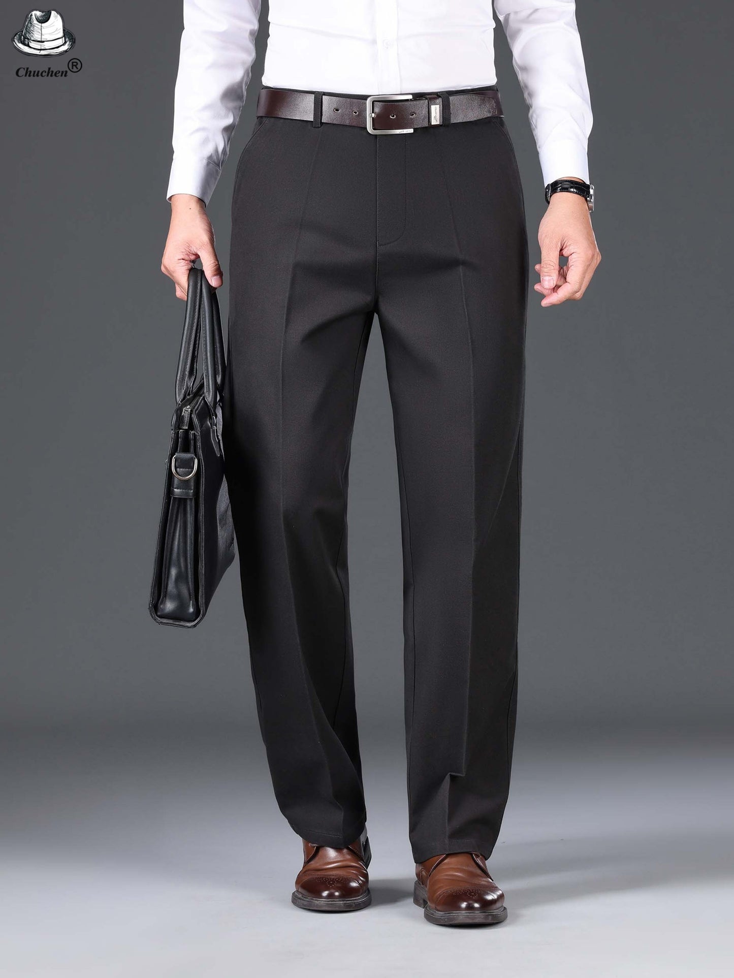 1pc Classic Fit Men'S Dress Pants - 100% Cotton, Solid Color, Non-Stretch, Regular Length, for Autumn/Winter - Business Casual Style