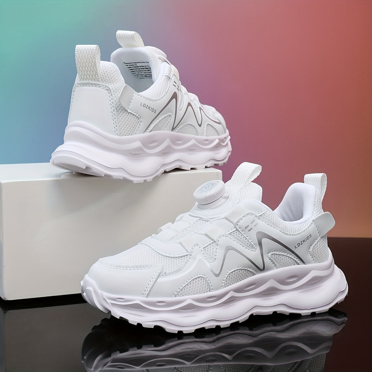 Youngsters' Breathable Athletic Sneakers with Rotating Buckle Closure - White & Navy Blue Striped Design, EVA Cushioned Sole, Low-Top Casual Shoes for Boys & Girls, All-Season Comfort, Youngsters Sneakers, Youngsters'S Footwe