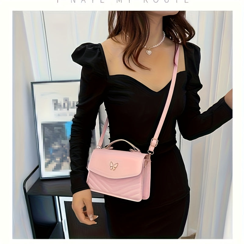 Elegant Women's Crossbody Bag with Butterfly Embellishment - Quilted Black Synthetic Leather Handbag, Magnetic Closure & Adjustable Strap, Compact Everyday Shoulder Bag for Women, Crossbody Purse, Sophisticated Accessory