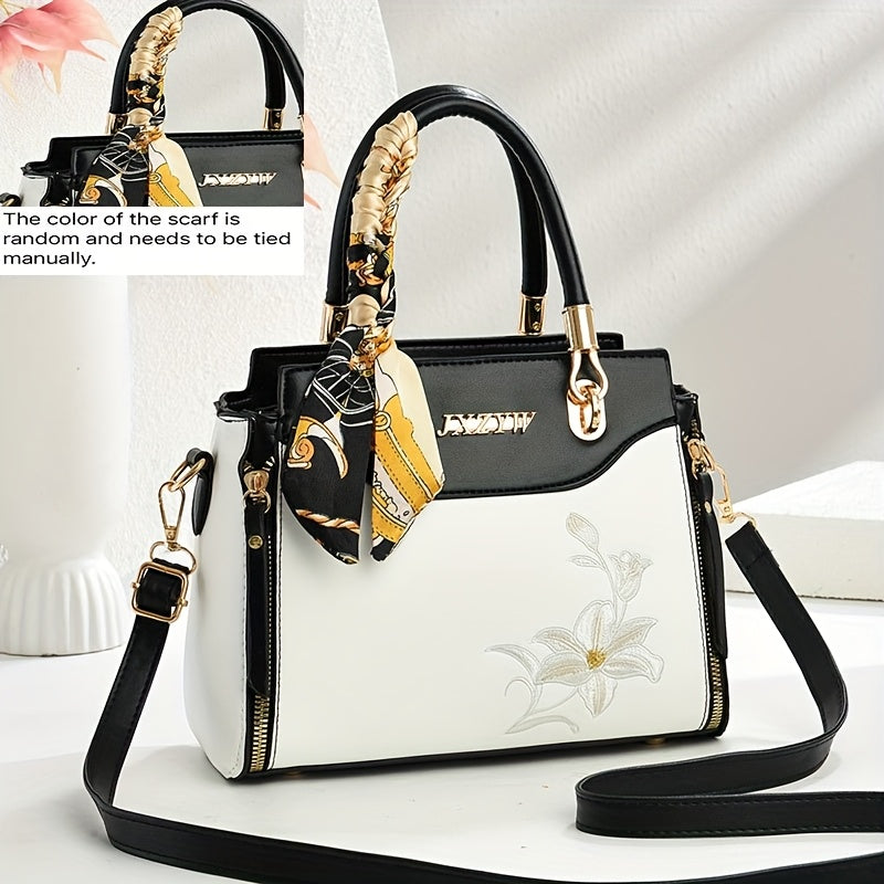 JXZYW Women'S Floral Embossed Large Capacity Tote Bag - Stylish White Shoulder Handbag with Golden-Tone Hardware, Black Handles & Floral Design for Commuting, Shopping, and Casual Outings, Versatile Carryall, Sophisticated Ac