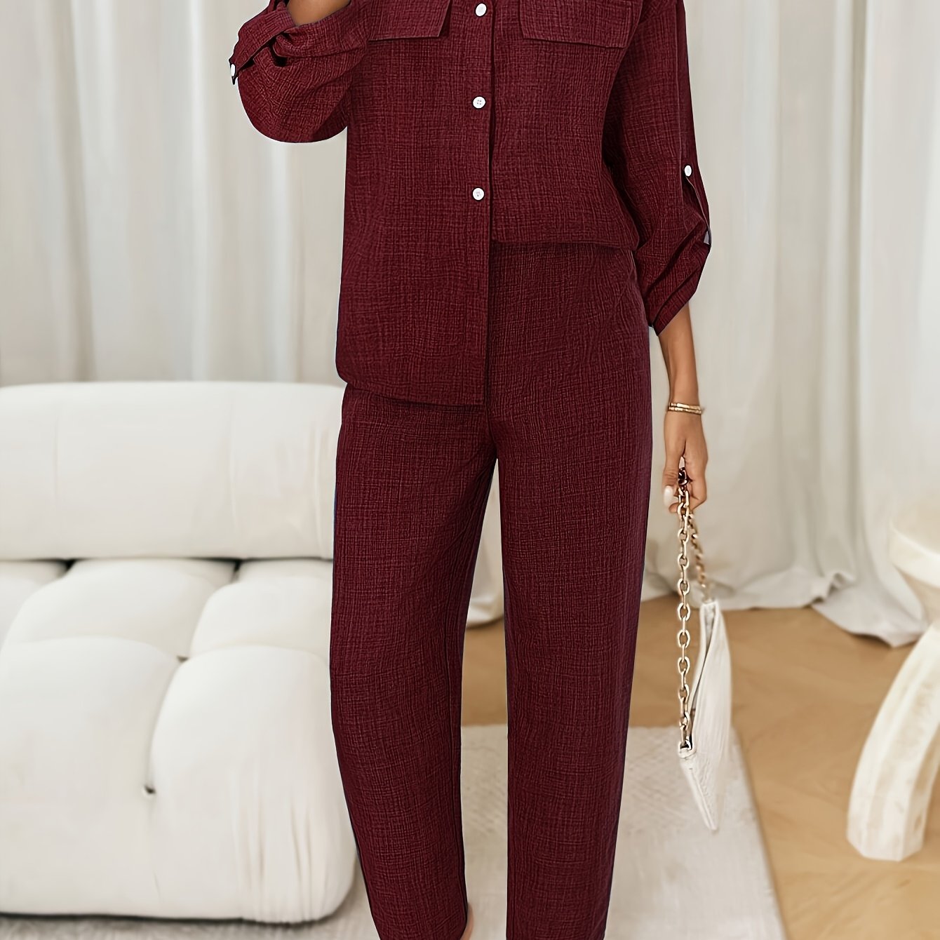 Elegant Women's Two-Piece Outfit: Solid Color Button-Up Shirt & Wide-Leg Pants Set - Polyester, Machine Washable - Perfect for Spring/Fall