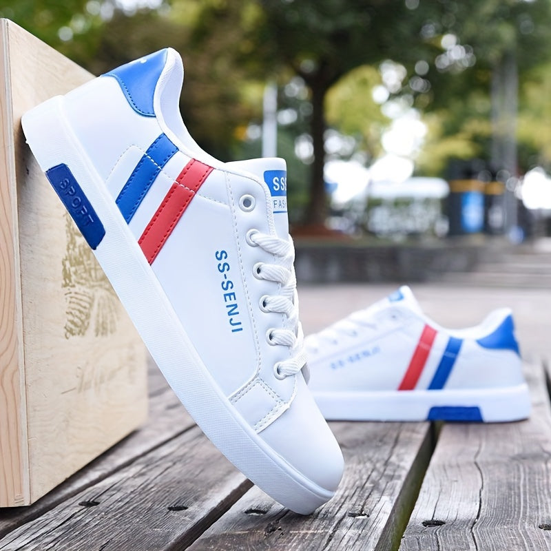 Men'S Fashion Sneakers, White PU Low Top Lace-up Casual Walking Shoes, Solid Striped Design, Breathable Non-Slip, All-Season, Round Toe, Fabric Inner, PVC Sole, Cloth Insole - Preppy Vintage Style