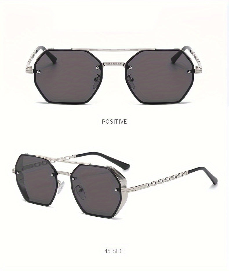 1pc Stylish Polygonal Golden Frame Fashion Glasses with Chain Link Design - Black Metal Fashion Glasses for Fashion-Forward Look
