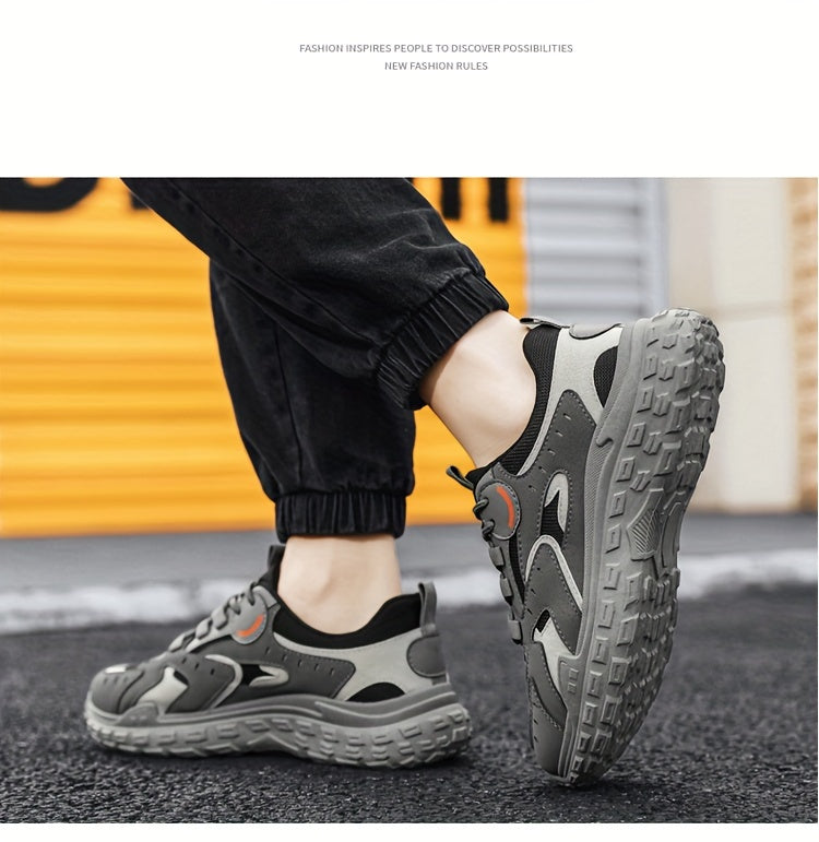 Men's Trendy Chunky Sneakers - Breathable Mesh & PU Upper, Durable PVC Sole, Lace-Up Casual Sneakers in Gray, Black & Orange, All-Season Comfort for Casual Attire
