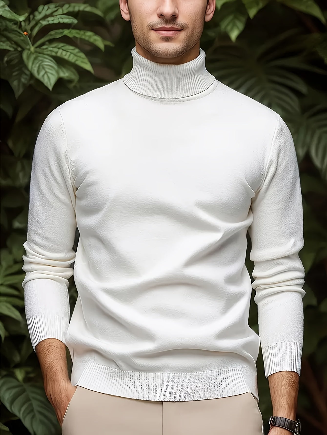 Men's Sleek Light Blue Turtleneck Sweater - Casual Knit Pullover with Ribbed Cuffs, Long Sleeves for Fall/Winter, Soft Viscose Blend