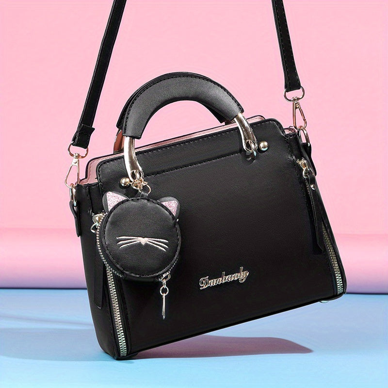 Women'S Fashion 2023 Embroidered Cat Design Messenger Bag, Removable Strap, Zipper Closure, Polyester Lined, Casual Shoulder Handbag with Edge Paint Detail