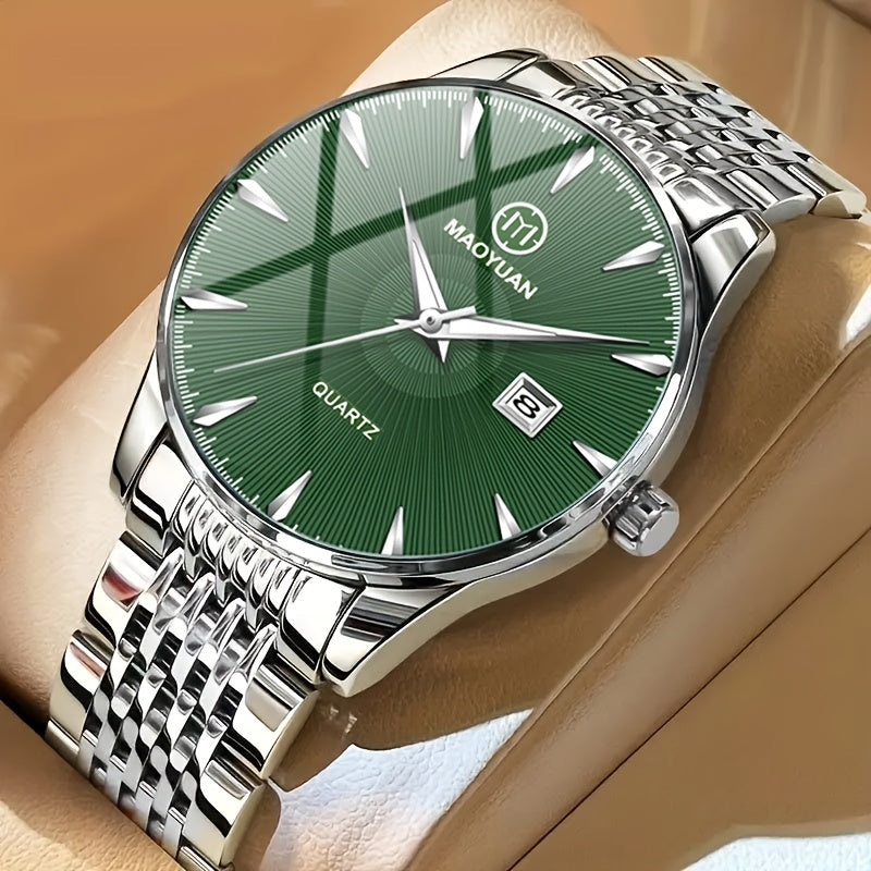 MAOYUAN Men'S Luxury Stainless Steel Quartz Watch with Date Display and Luminescent Hands - Elegant Green Dial, Metal Bracelet, Perfect for Business and Casual Attire, Ideal Gift for Men, Casual Watch | Elegant Watch | Quartz