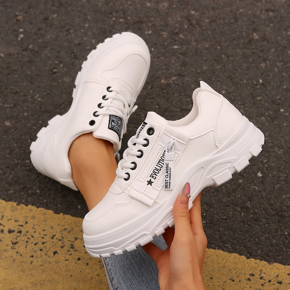 Women'S Breathable Knit Sneakers - Lightweight Thick Sole Casual Walking Shoes in White & Black, Synthetic Cover Upper with Rubber Outsole, Lace-Up Low-Top Design for Indoor/Outdoor, Travel, Beach & Shopping - Cute Gift for M