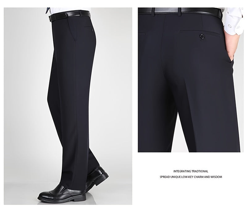 Men's Classic Straight Fit Pants - Lightweight Polyester Blend, High Waist, Button Closure, Suitable for Year-Round Wear