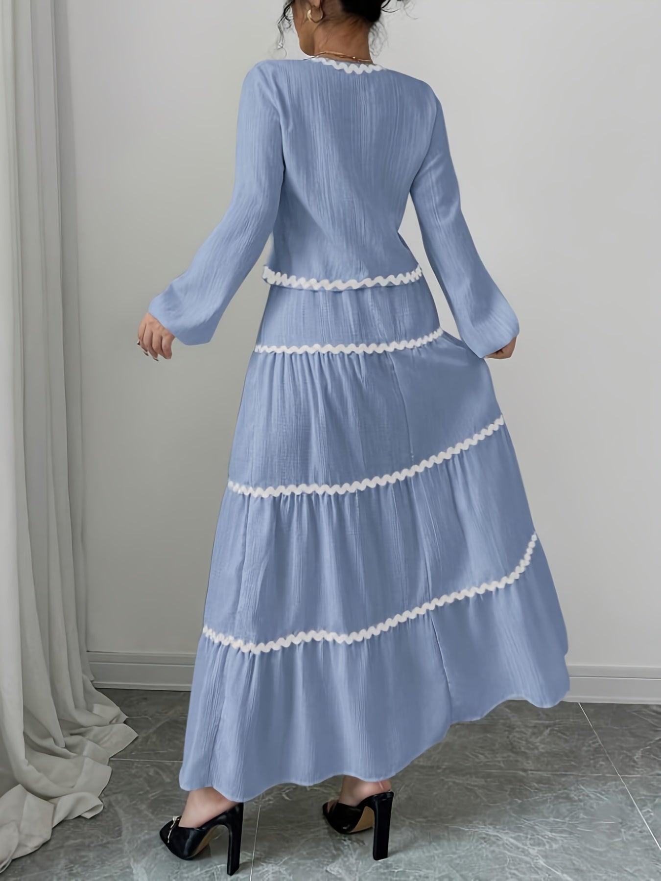 Women'S New Arrival Black and White Ruffled Lace Trim Long Sleeve Shirt with Tie Waist Umbrella Skirt Set, Stylish Elegant Vacation Commute Daily Wear Date Party Two-Piece Outfit Suitable for All Seasons