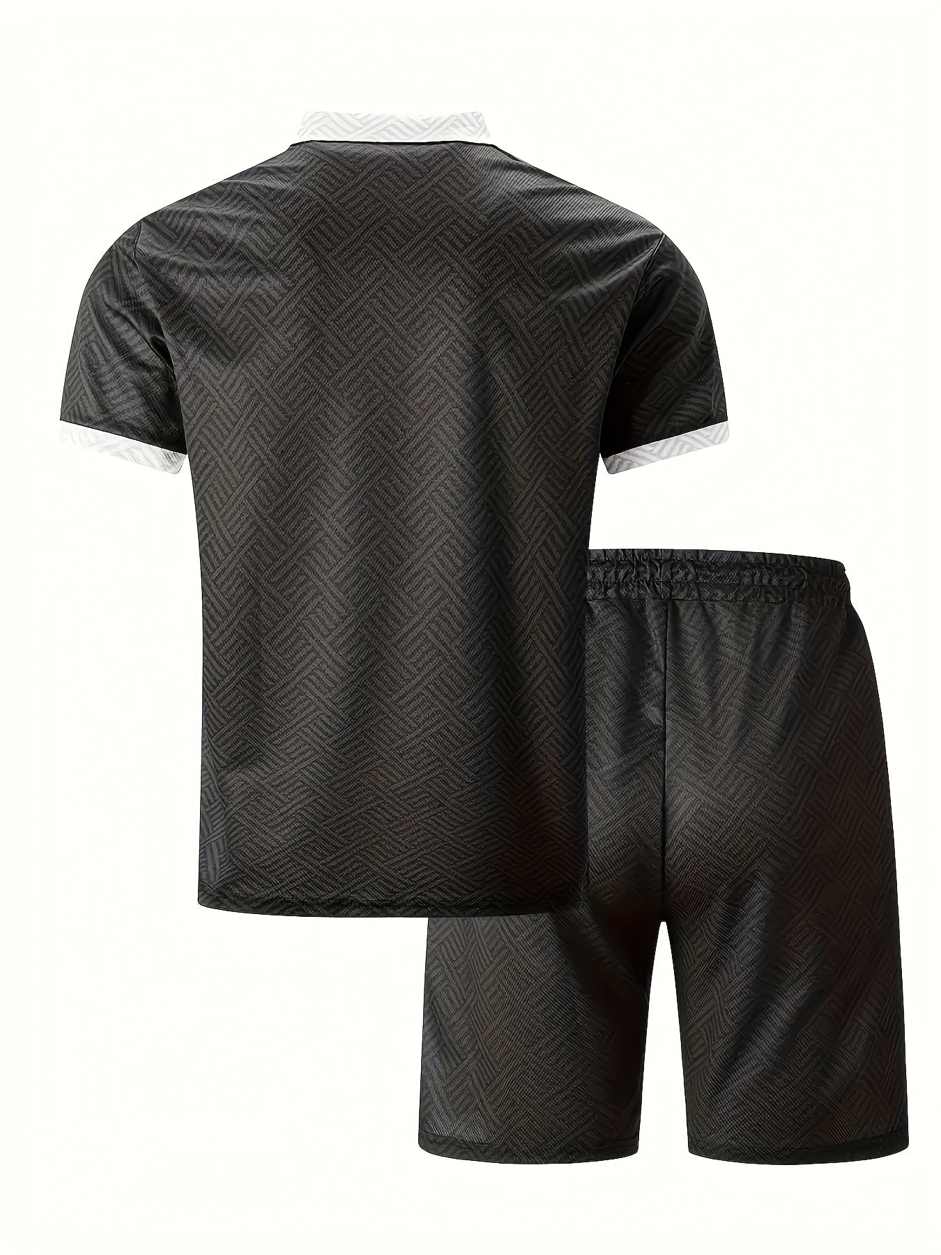 Men'S Tropical Print Casual Suit - Black Short Sleeve Zipper Shirt with White Pockets Shorts, Polyester, Machine Washable, Summer Beachwear, Summer Wear | Relaxed Fit Shirt | Woven Texture