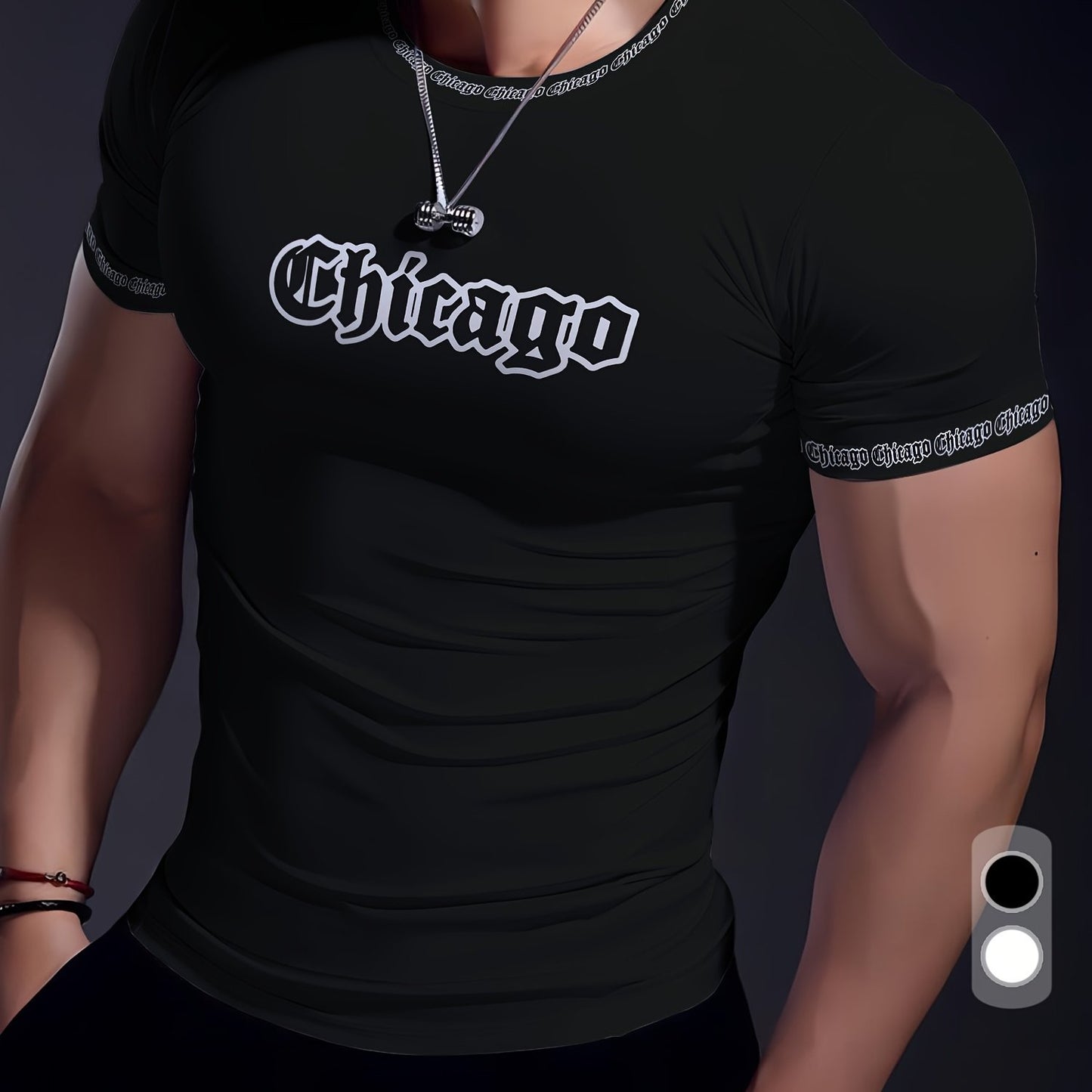 Men'S Chicago Print T-Shirt, Polyester-Spandex Blend, Crew Neck, Short Sleeve, Geometric Pattern, High Stretch, Tear Resistant, Sports & Casual Style, Summer Fit Top for Training, Yoga, Hiking & Festive Occasions