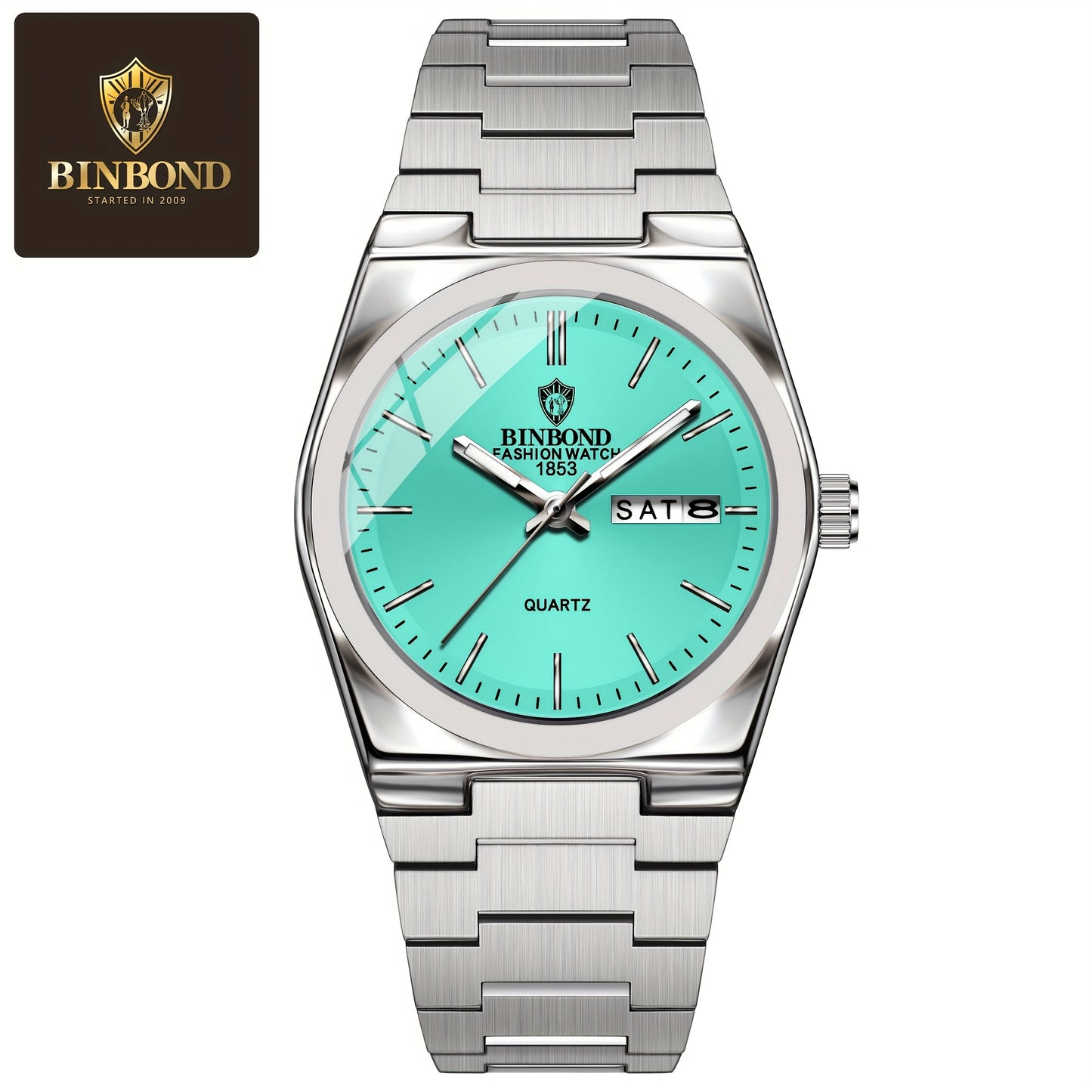 BINBOND Women's Elegant Quartz Watch, Stainless Steel Band, Aqua Green Dial, Date Display, IP67 Rated, Zinc Alloy Case, Perfect for Business or Casual Wear, Casual Wristwatch | Luxury Fashion Accessory | Sophisticated Aesthet