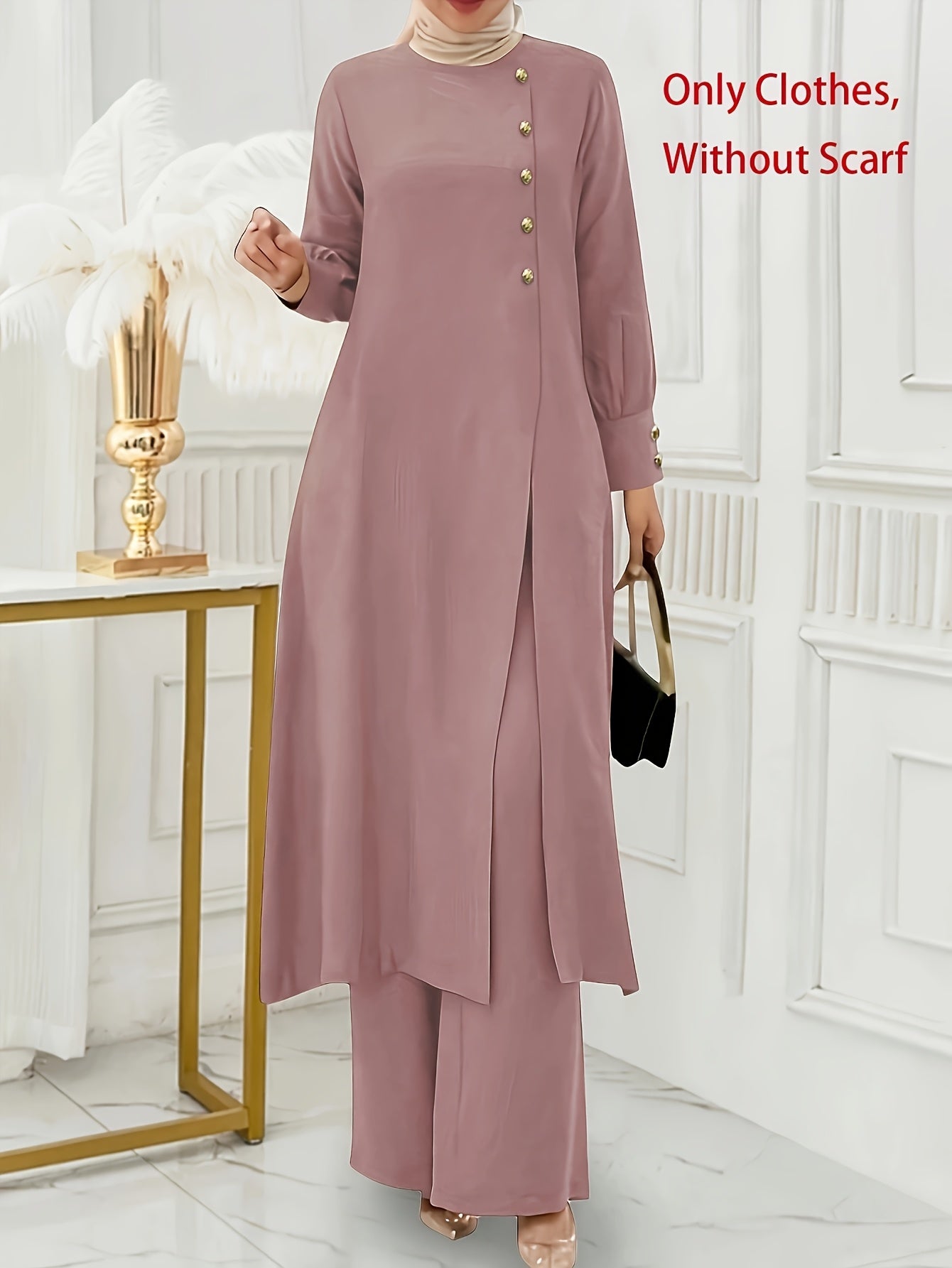 Ramadan, Women's Front-Button Long Sleeve Slit Dress & Pants Casual Arabic Style 2pcs Set, Only Clothes, Without Headscarf