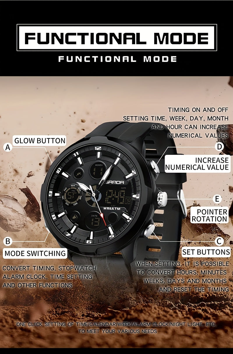 SANDA Men'S Digital Outdoor Sports Wristwatch,Waterproof Multifunctional Chronograph Quartz Watch For Gift Clock 9053