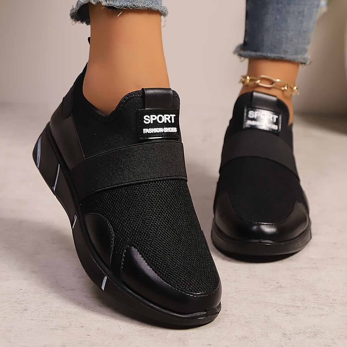 Women's Slip-On Sneakers - Lightweight Knit Upper, Breathable Design, Comfortable Casual Shoes with Strap, Black & Golden Accents, Round Toe for All-Day Wear, Sporty Sneakers | Round Toe Shoes | Flexible Sole, Ladies Sneakers