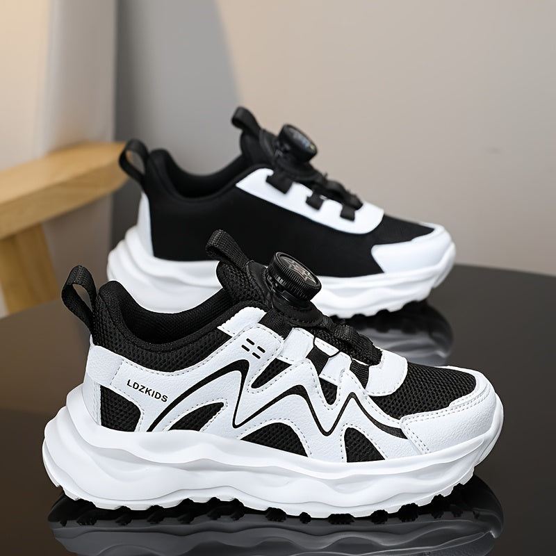 Youngsters' Breathable Athletic Sneakers with Rotating Buckle Closure - White & Navy Blue Striped Design, EVA Cushioned Sole, Low-Top Casual Shoes for Boys & Girls, All-Season Comfort, Youngsters Sneakers, Youngsters'S Footwe