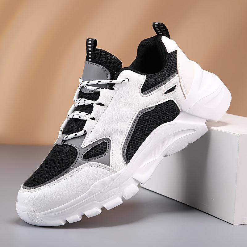 Men's Casual Athletic Sneakers, Lightweight Breathable Lace-Up EVA Sole Low-Top Sneakers, Black & White Color Block