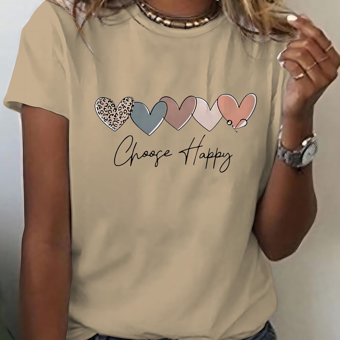 Women's Casual Sport T-Shirt, Round Neck, Heart And Happy Print, Short Sleeve, Soft Knit